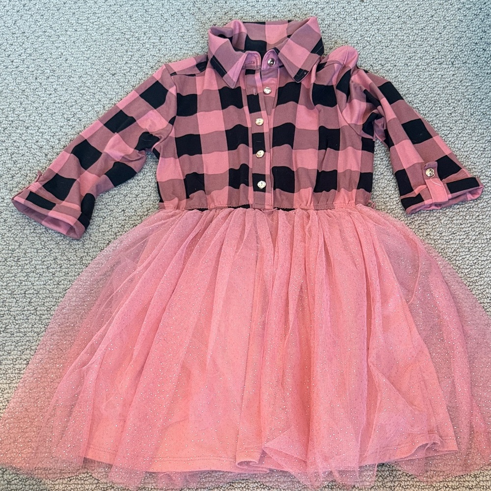 lilt Pink and Black Buffalo Plaid Shirt Dress